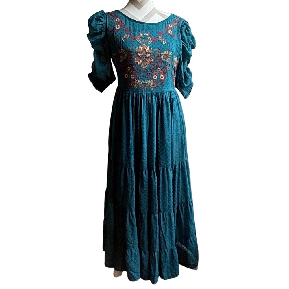 Antheaa Teal Embroidered Dress - Floral Maxi w/ Ruched Sleeves, Sz Medium Boho